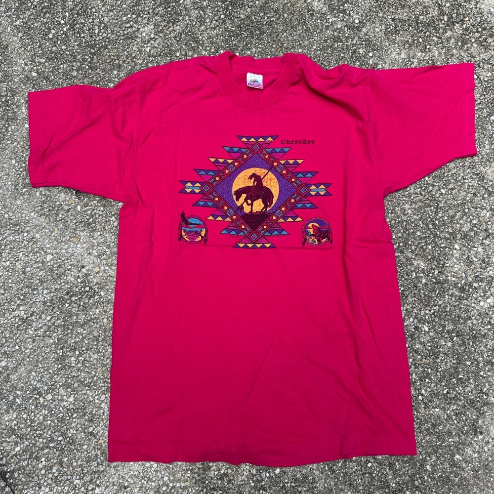 Vintage 90s Fruit of the Loom Cherokee T-Shirt Mens Large Pink Native American